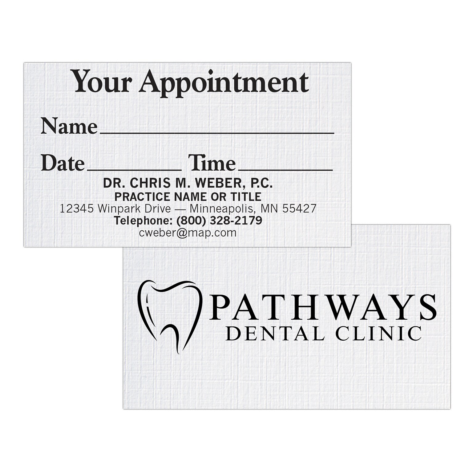 Custom 1-2 Color Appointment Cards, CLASSIC® Linen Solar White 80#, Flat Print, 1 Standard Ink, 2-Sided, 250/Pk