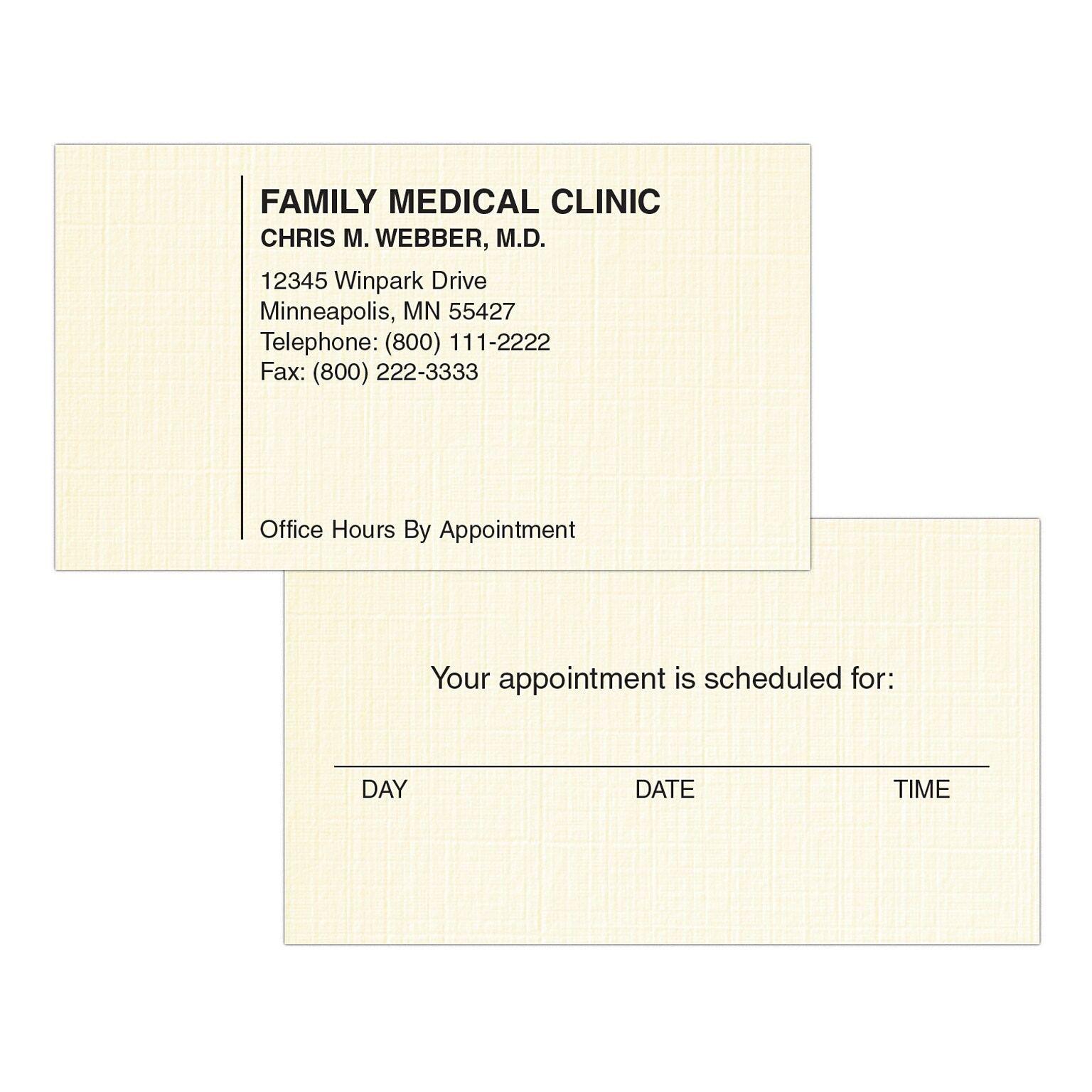 Custom 1-2 Color Appointment Cards, CLASSIC® Linen Natural White 80#, Flat Print, 1 Standard Ink, 2-Sided, 250/Pk