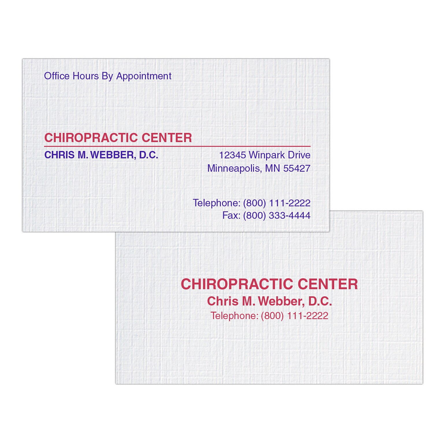 Custom 1-2 Color Appointment Cards, CLASSIC® Linen Solar White 100#, Flat Print, 2 Custom Inks, 2-Sided, 250/Pk
