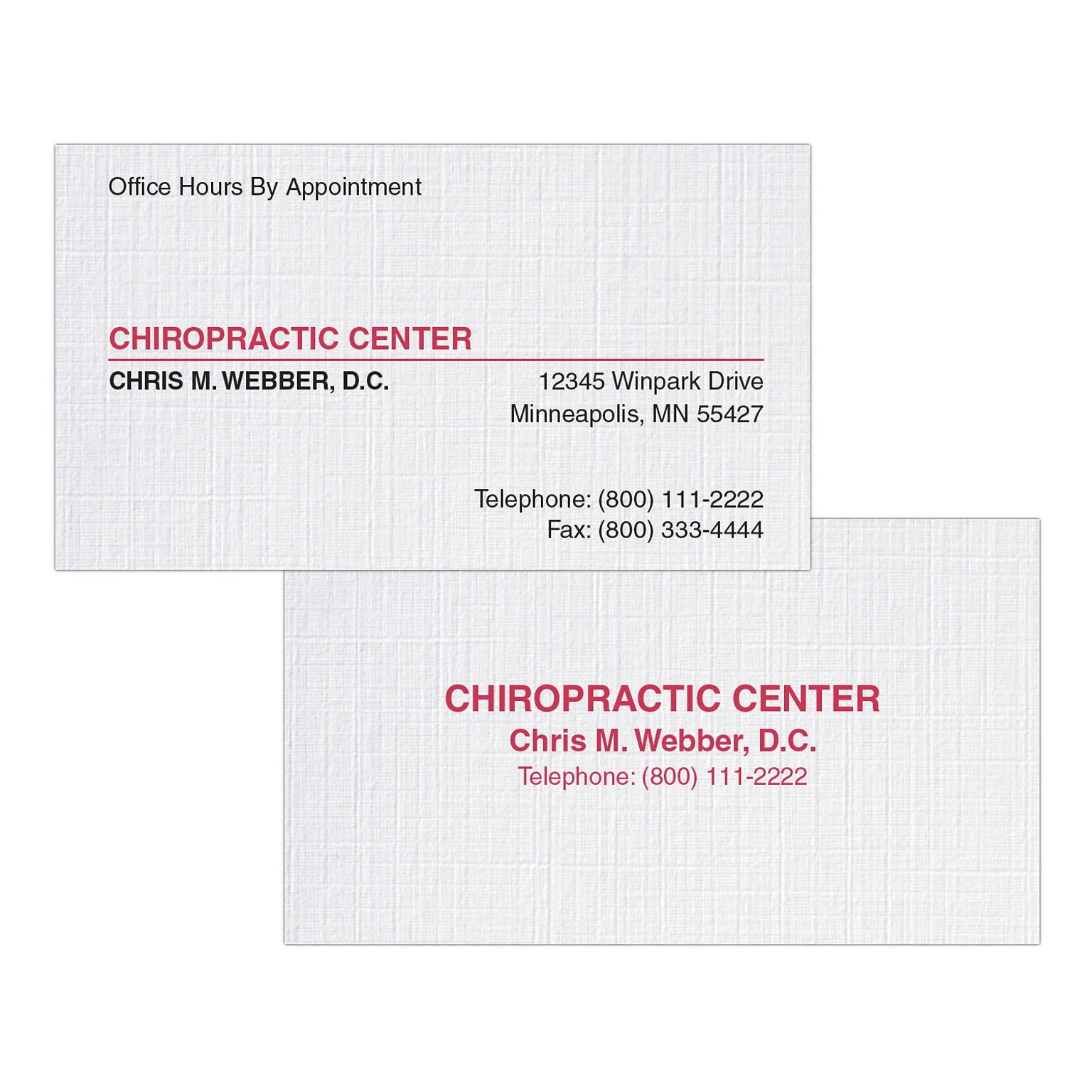 Custom 1-2 Color Appointment Cards, CLASSIC® Linen Solar White 100#, Flat Print, 1 Standard & 1 Custom Inks, 2-Sided, 250/Pk