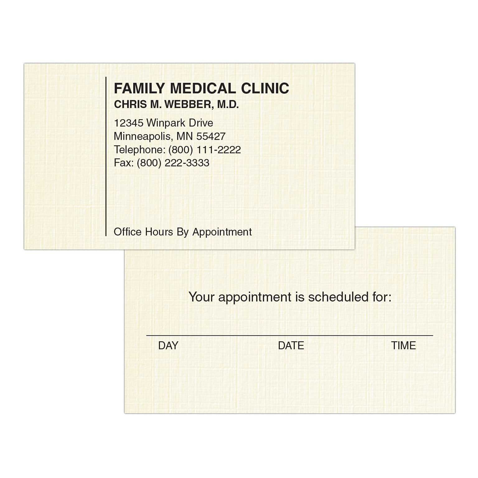Custom 1-2 Color Appointment Cards, CLASSIC® Linen Baronial Ivory 80#, Flat Print, 1 Standard Ink, 2-Sided, 250/Pk