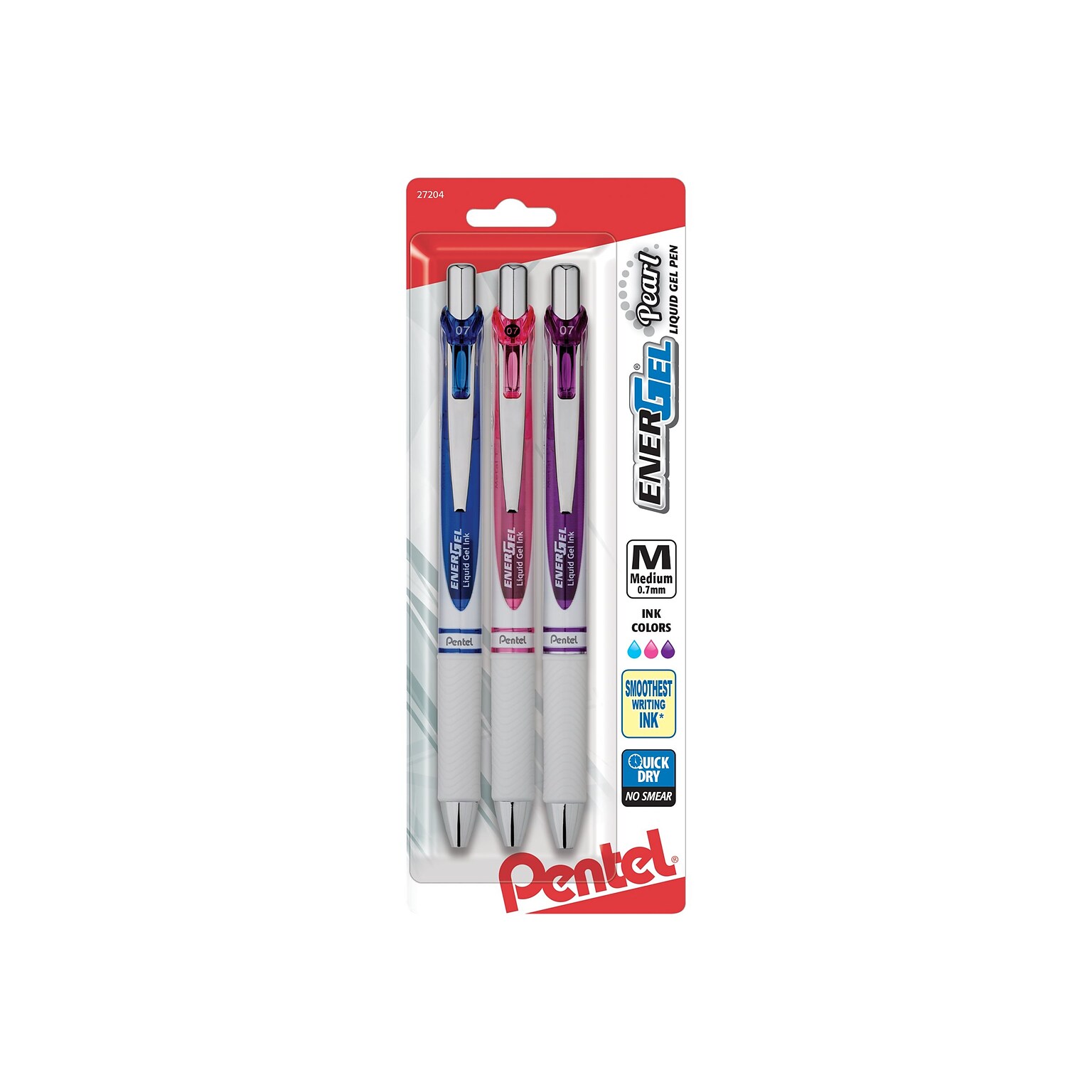 Pentel EnerGel Pearl Retractable Gel Pens, Medium Point, Assorted Inks, 3/Pack (BL77WBPS3M2)