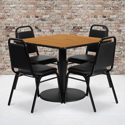Flash Furniture 36 Square Natural Laminate Table Set W/4 Black Trapezoidal Back Banquet Chairs (RS