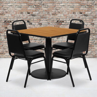 Flash Furniture 36'' Square Natural Laminate Table Set W/4 Black Trapezoidal Back Banquet Chairs (RSRB1011)