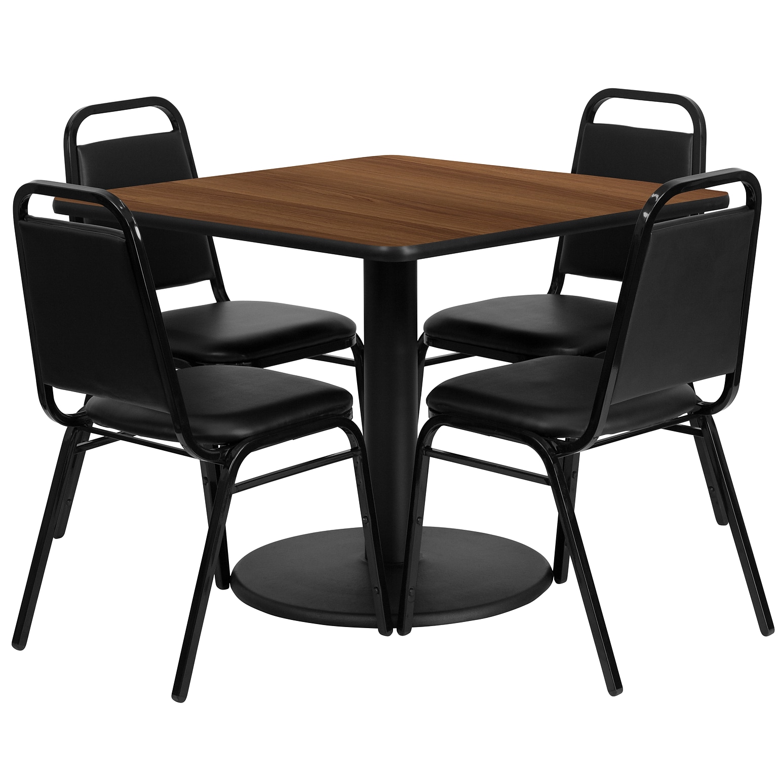 Flash Furniture 36 Square Walnut Laminate Table Set W/4 Black Trapezoidal Back Banquet Chairs (RSRB1012)