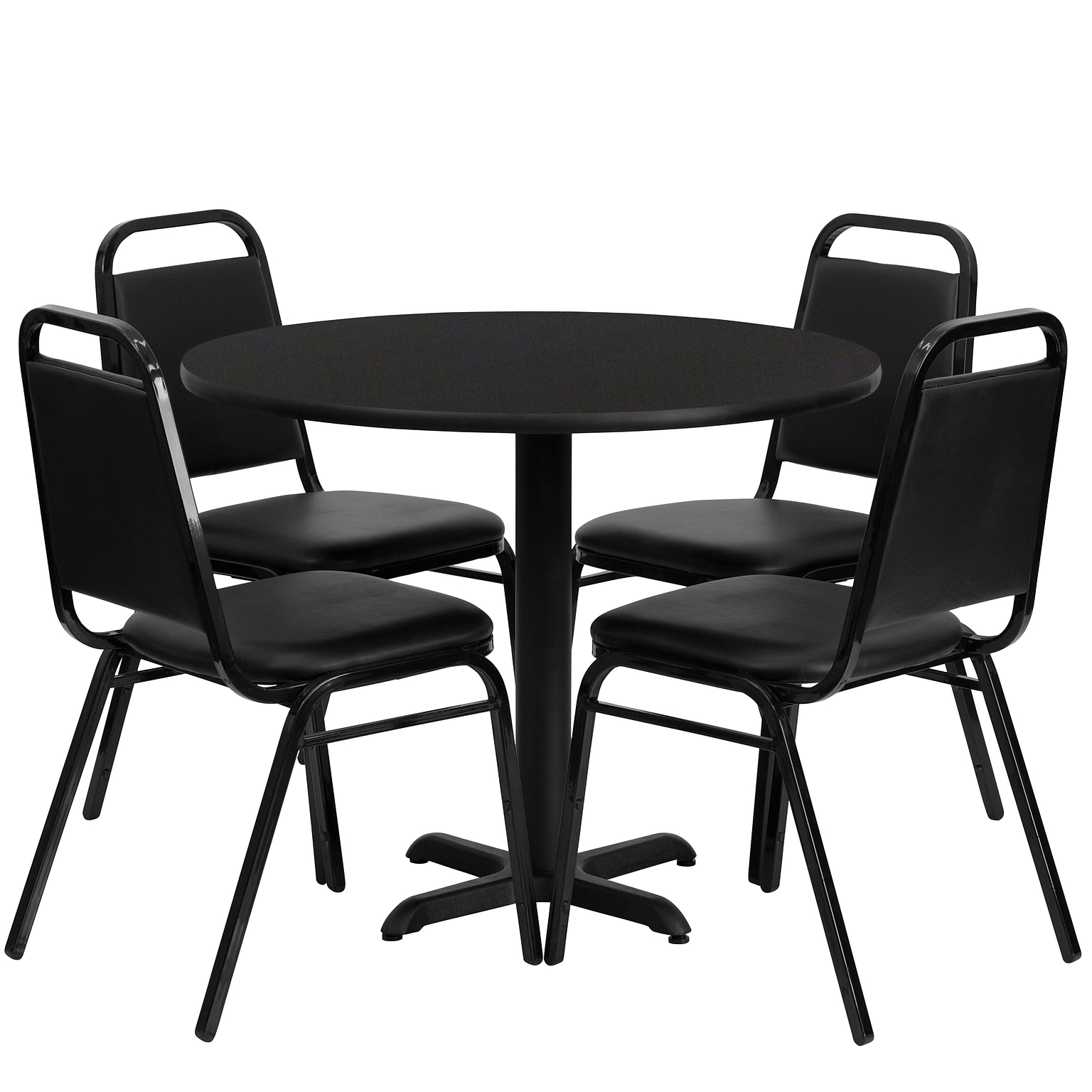 Flash Furniture 36 Round Black Laminate Table Set W/4 Black Trapezoidal Back Banquet X-Base Chairs (HDBF1001)