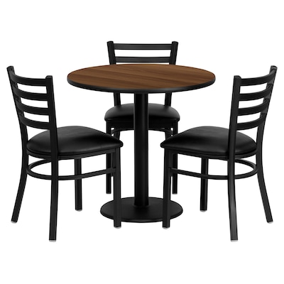 Flash Furniture 30 Round Walnut Laminate Table Set W/3 Ladder Back Black Vinyl Seat Chairs (MD0002