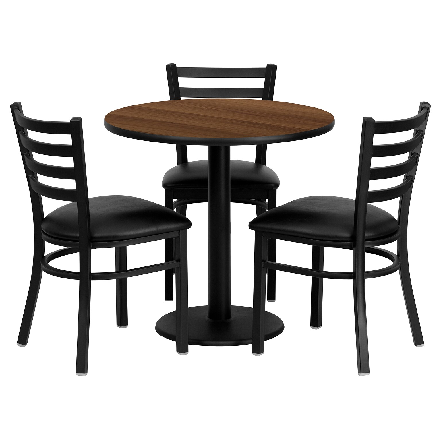 Flash Furniture 30 Round Walnut Laminate Table Set W/3 Ladder Back Black Vinyl Seat Chairs (MD0002)