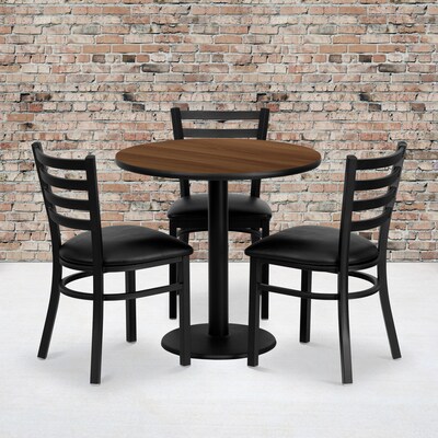 Flash Furniture 30 Round Walnut Laminate Table Set W/3 Ladder Back Black Vinyl Seat Chairs (MD0002