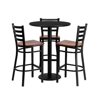Flash Furniture 30 Round Table Set W/3 Ladder Back Metal Bar Stools, Black/Cherry (MD0013)