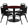 Flash Furniture 36 Round Mahogany Laminate Table Set with Round Base and 4 Black Trapezoidal Back Banquet Chairs (RSRB1002)