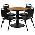 Flash Furniture 36 Round Natural Laminate Table Set with Round Base and 4 Black Trapezoidal Back Banquet Chairs (RSRB1003)