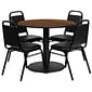 Flash Furniture 36'' Round Walnut Laminate Table Set with Round Base and 4 Black Trapezoidal Back Banquet Chairs (RSRB1004)