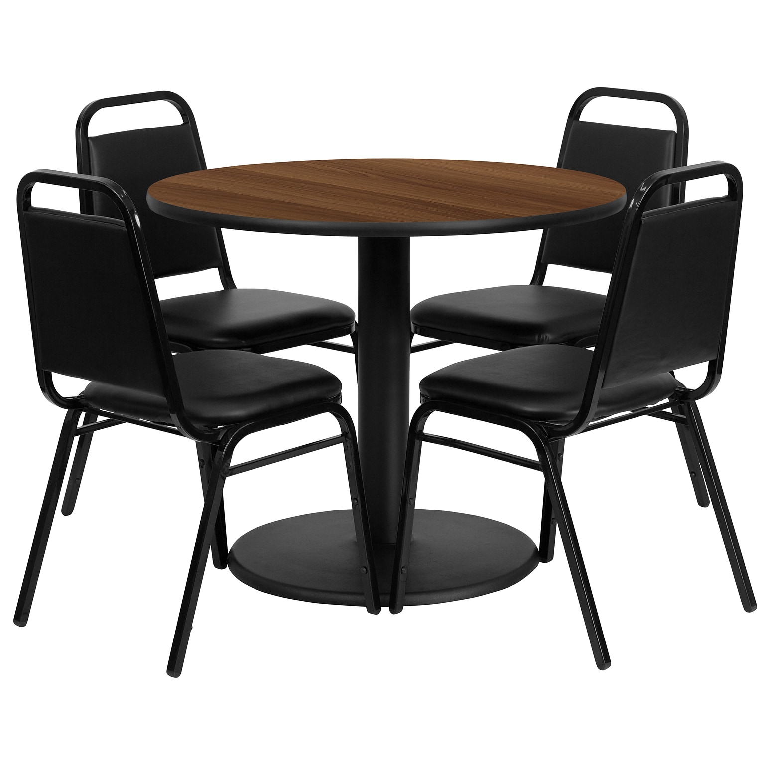 Flash Furniture 36 Round Walnut Laminate Table Set with Round Base and 4 Black Trapezoidal Back Banquet Chairs (RSRB1004)