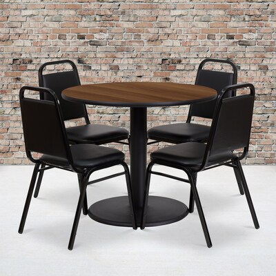 Flash Furniture 36'' Round Walnut Laminate Table Set with Round Base and 4 Black Trapezoidal Back Banquet Chairs (RSRB1004)