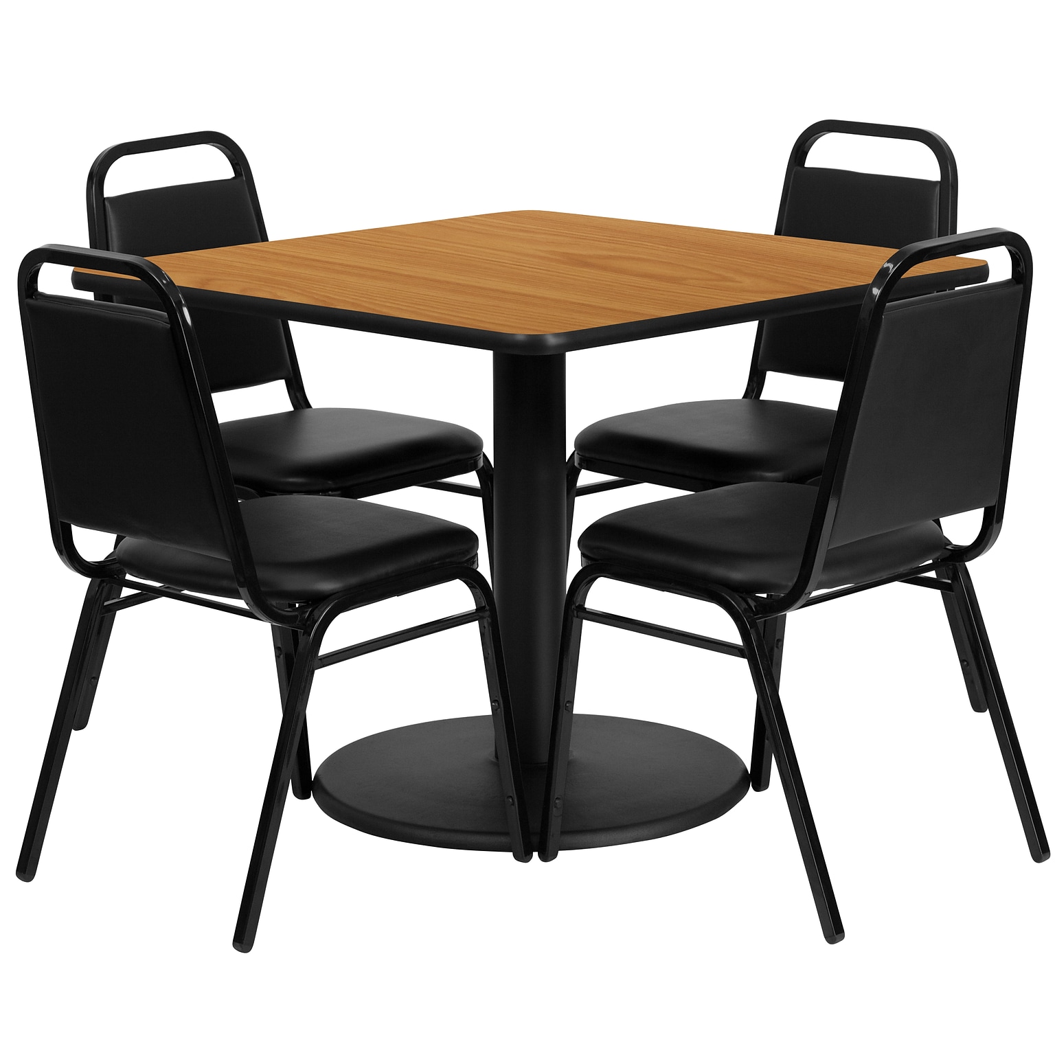 Flash Furniture 36 Square Natural Laminate Table Set W/4 Black Trapezoidal Back Banquet Chairs (RSRB1011)