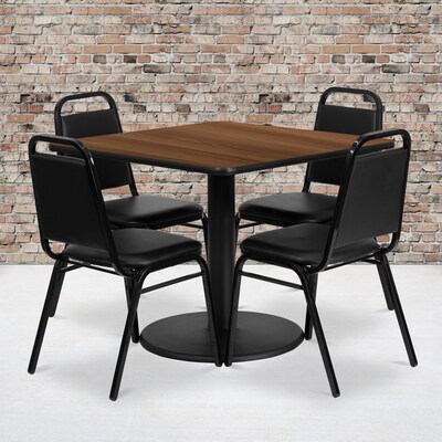 Flash Furniture 36 Square Walnut Laminate Table Set W/4 Black Trapezoidal Back Banquet Chairs (RSR