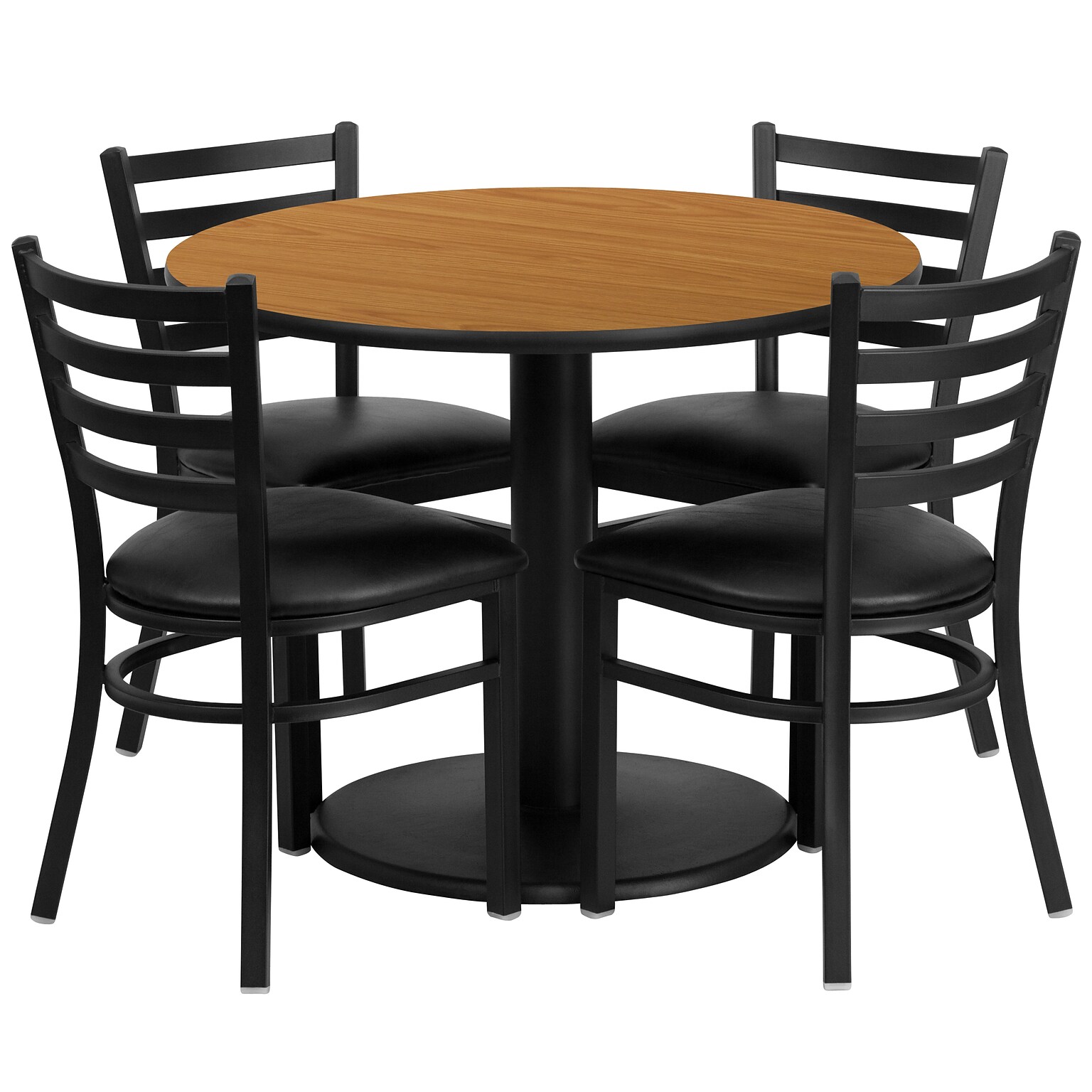 Flash Furniture 36 Round Natural Laminate Table Set W/4 Ladder Back Black Vinyl Seat Chairs (RSRB1031)