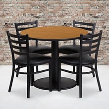 Flash Furniture 36 Round Natural Laminate Table Set W/4 Ladder Back Black Vinyl Seat Chairs (RSRB1