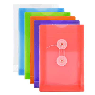 JAM Paper® Plastic Envelopes with Button and String Tie Closure, Open End, 4.25 x 6.25, Assorted Col