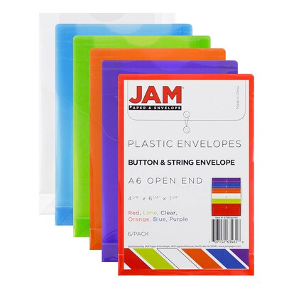 JAM Paper® Plastic Envelopes with Button and String Tie Closure, Open End, 4.25 x 6.25, Assorted Colors, 6/Pack (473B1ASSRTD)
