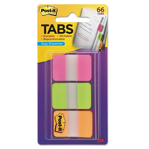 Post-it® Tabs, 1 Wide, Solid, Assorted Colors, 66 Tabs,Dispenser (686-PGO)
