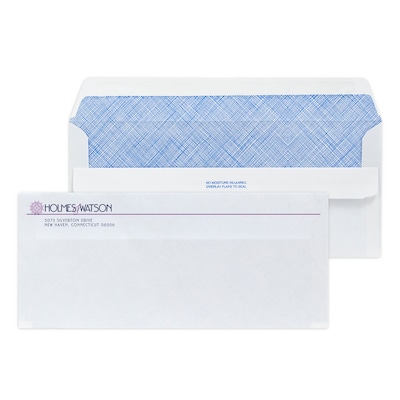 Custom #10 Self Seal Envelopes with Security Tint, 4 1/4 x 9 1/2, 24# White Wove, 2 Custom Inks, 2