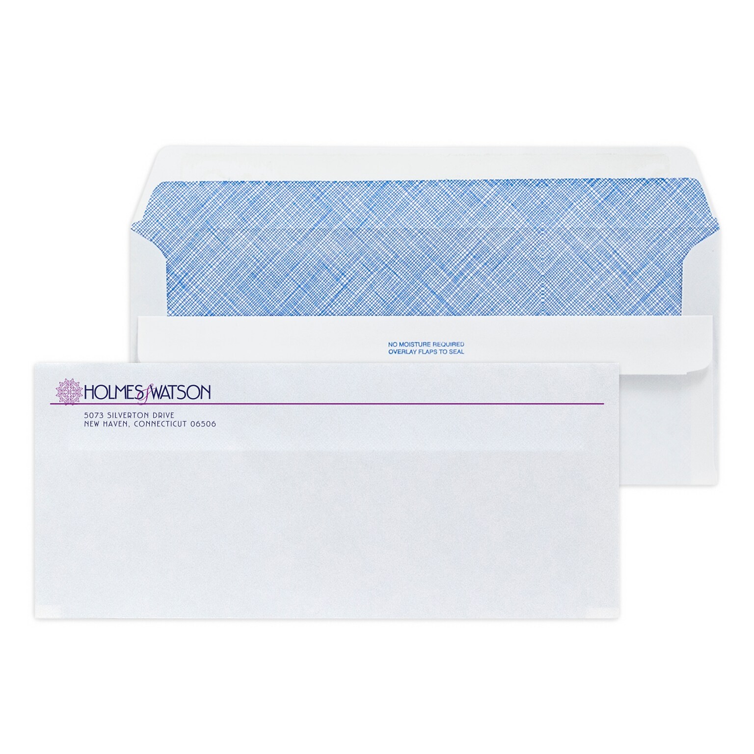 Custom #10 Self Seal Envelopes with Security Tint, 4 1/8 x 9 1/2, 24# White Wove, 2 Custom Inks, 250 / Pack