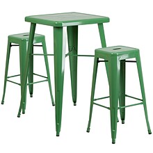 Flash Furniture 27.75 Metal Indoor-Outdoor Bar Table Set w/2 Backless Barstools in Green