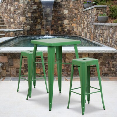 Flash Furniture 27.75 Metal Indoor-Outdoor Bar Table Set w/2 Backless Barstools in Green
