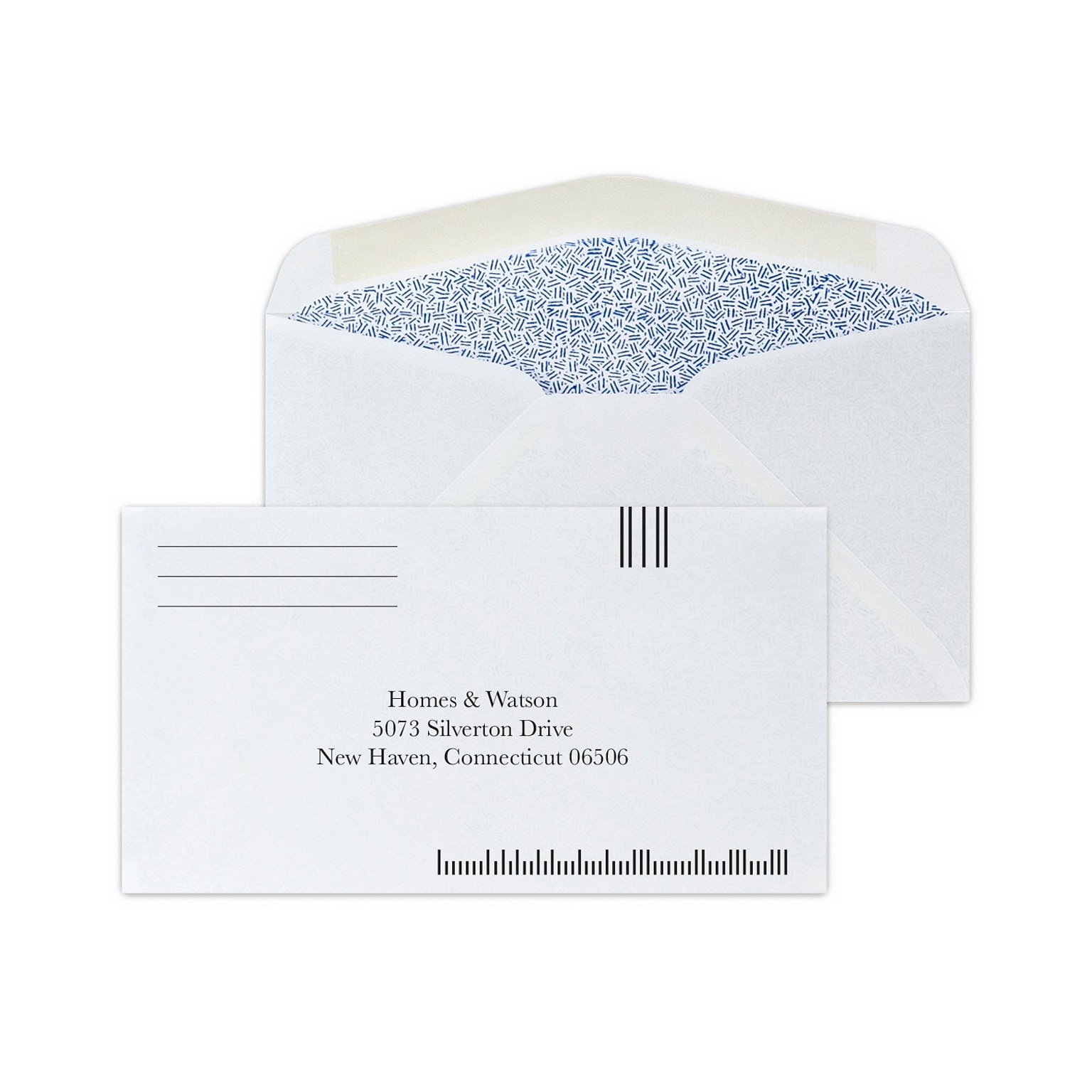 Custom #6-3/4 Barcode Diagonal Seam Standard Envelopes with Security Tint, 3 5/8x6 1/2, 24# White Wove, 1 Std Ink, 250/Pack
