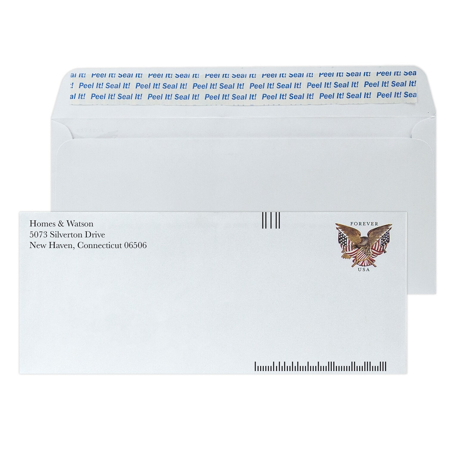 Custom #10 Barcode Pre-stamped Peel and Seal Envelopes, 4 1/4 x 9 1/2, 24# White Wove, 1 Standard Ink, 250 / Pack