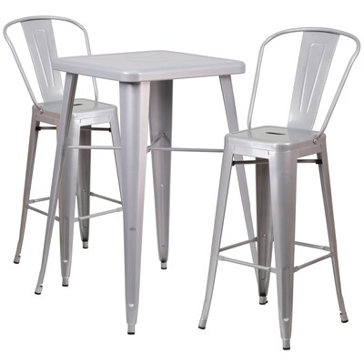 Flash Furniture Metal Indoor/Outdoor Bar Table Set with 2 Barstools; Silver (CH31330B230GBSV)