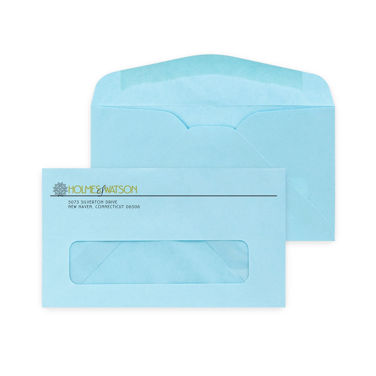 Custom #6-3/4 Window Envelopes, 3 5/8 x 6 1/2, 24# Blue Wove, 1 Standard and 1 Custom Inks, 250 / Pack