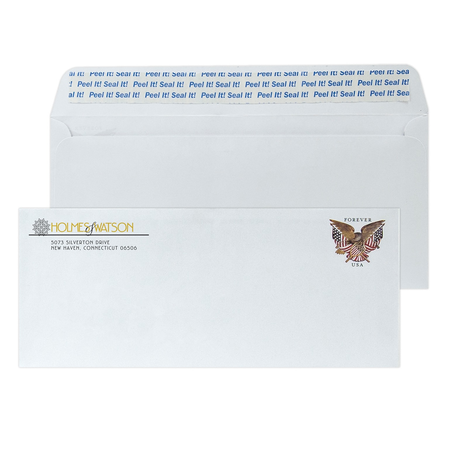 Custom #10 Pre-stamped Peel and Seal Envelopes, 4 1/4 x 9 1/2, 24# White Wove, 1 Standard and 1 Custom Inks, 250 / Pack