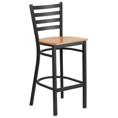 Flash Furniture Hercules Series Metal Ladder Back Restaurant Barstool, Black w/Natural Wood