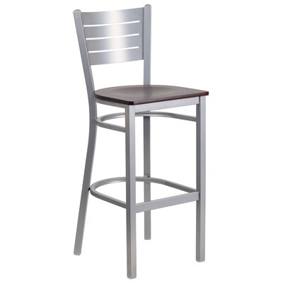 Flash Furniture Hercules Series Slat-Back Metal Restaurant Barstool, Silver with Mahogany Wood Seat (XUDG60402BMAW)