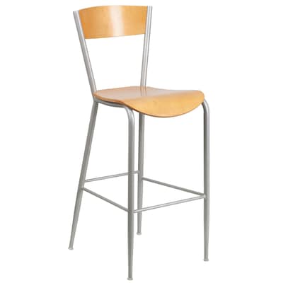 Flash Furniture Invincible Series Traditional Metal Open Back Restaurant Barstool, Silver/Natural Wo