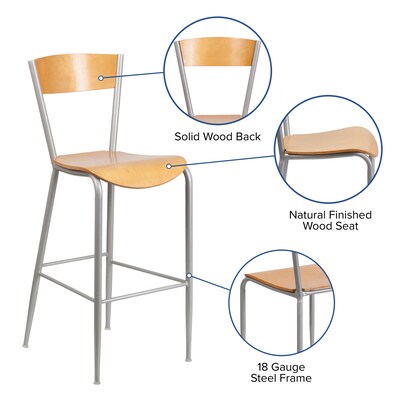 Flash Furniture Invincible Series Traditional Metal Open Back Restaurant Barstool, Silver/Natural Wood (XUDG60218B)