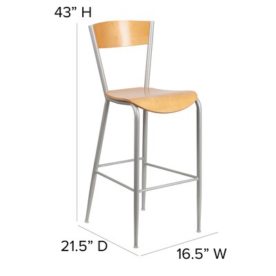 Flash Furniture Invincible Series Traditional Metal Open Back Restaurant Barstool, Silver/Natural Wood (XUDG60218B)