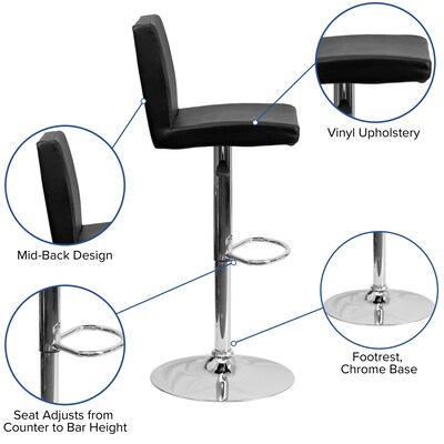 Flash Furniture Contemporary Vinyl Panel Back Barstool, Adjustable Height, Black (CH92066BK)