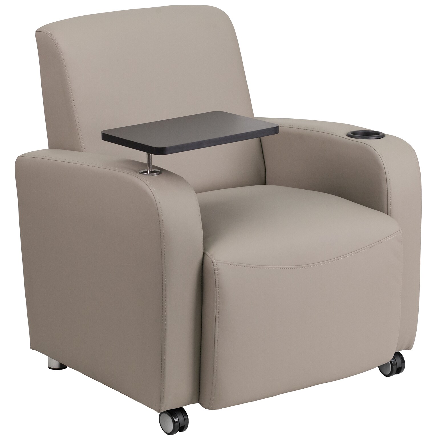 Flash Furniture Leather Guest Chair; Gray w/Tablet Arm, Front Wheel Casters and Cup Holder