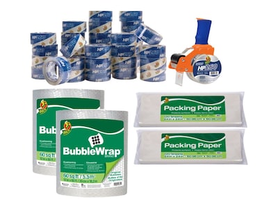 Duck 40 Piece Mailroom Bundle - HP620 Packing Tape 36/Pack + BladeSafe Tape Gun, + 60' Bubble Wrap 2/Pack + Packing Paper 2/Pack