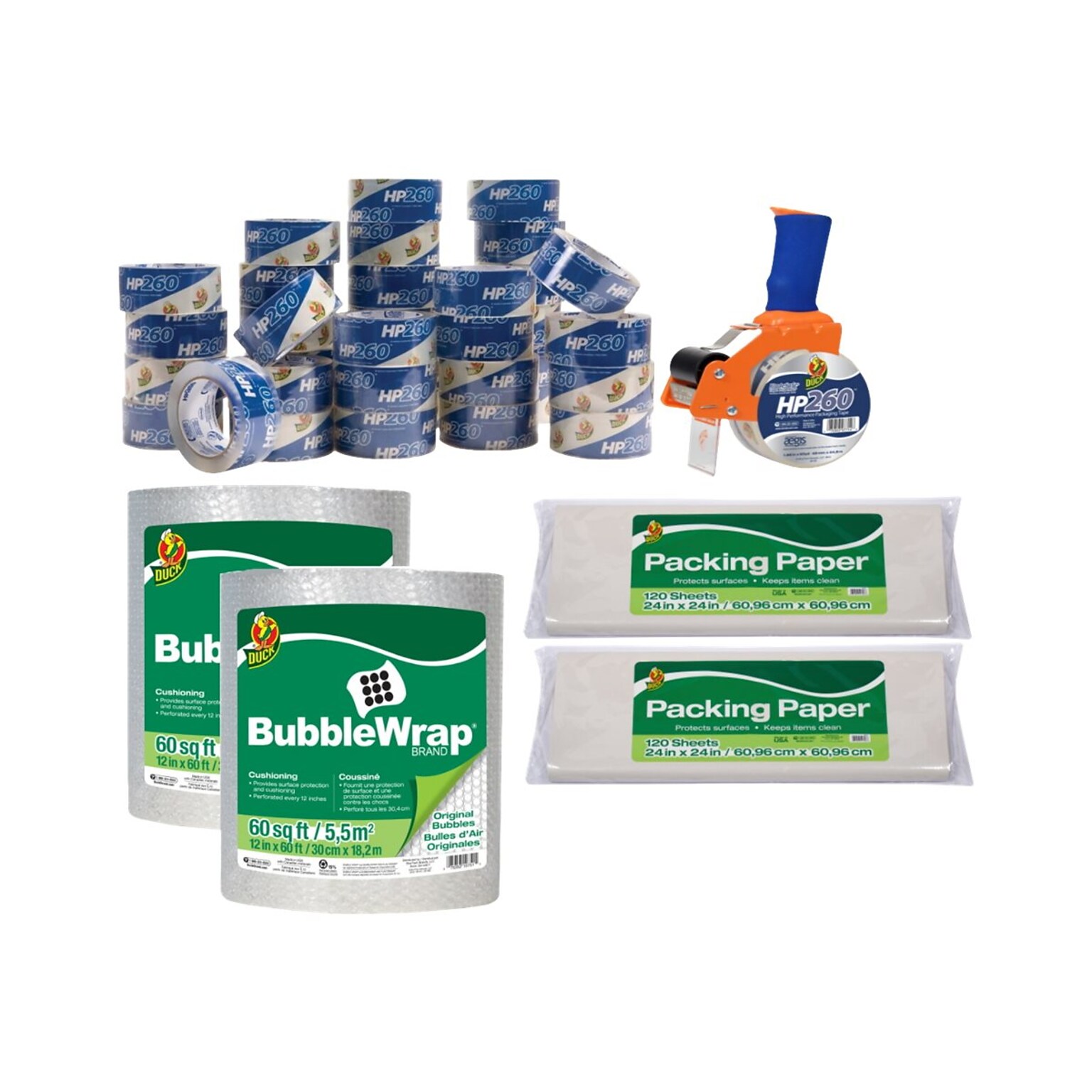 Duck 40 Piece Mailroom Bundle - HP620 Packing Tape 36/Pack + BladeSafe Tape Gun, + 60 Bubble Wrap 2/Pack + Packing Paper 2/Pack