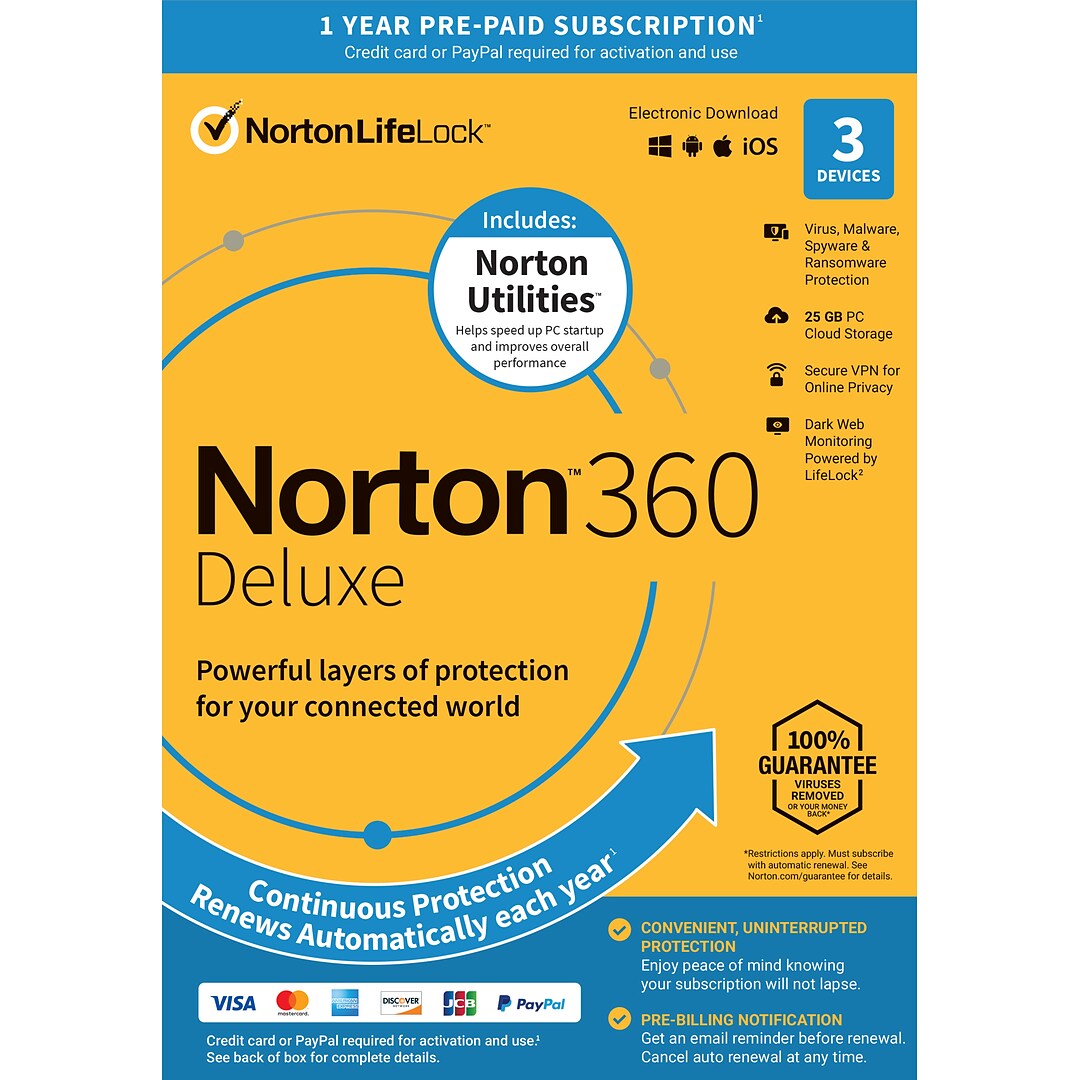 Norton 360 Deluxe W Utilities Bundle 1 Year Subscription For 3 Devices Windows Mac Android Ios Pr Quill Com