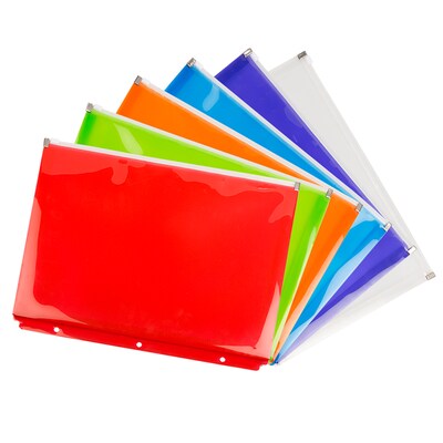 JAM Paper Plastic 3 Hole Punch Binder Envelopes with Zip Closure, Letter Booklet, 9.75 x 13, Assorted, 6/Pack (218ZB1ASRTD)