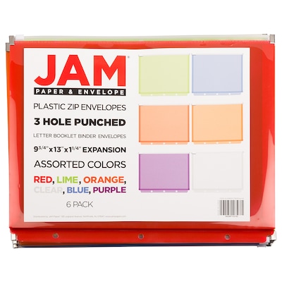 JAM Paper Plastic 3 Hole Punch Binder Envelopes with Zip Closure, Letter Booklet, 9.75 x 13, Assorted, 6/Pack (218ZB1ASRTD)