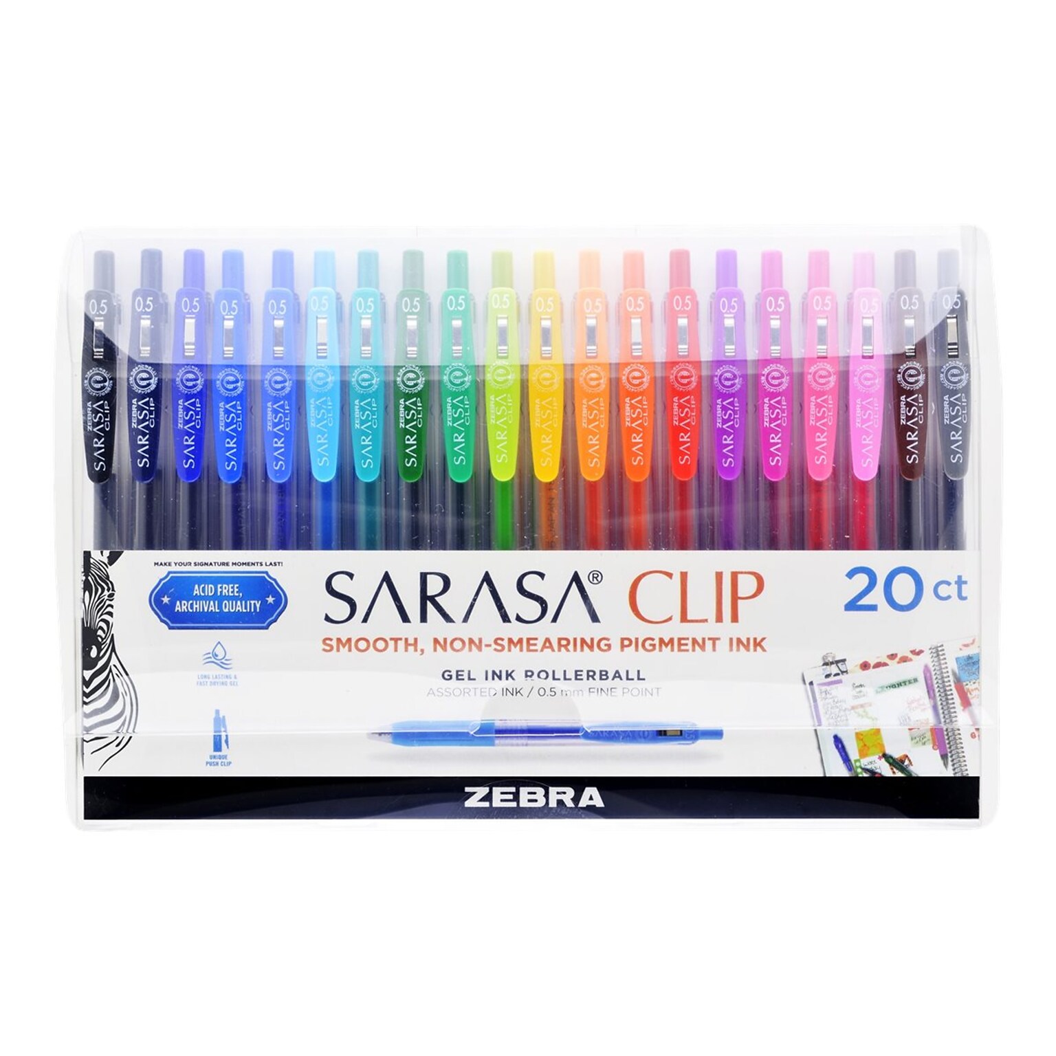 Zebra Sarasa Clip Retractable Gel Pen, Fine Point, 0.5mm, Assorted Ink, 20 Pack (47220)