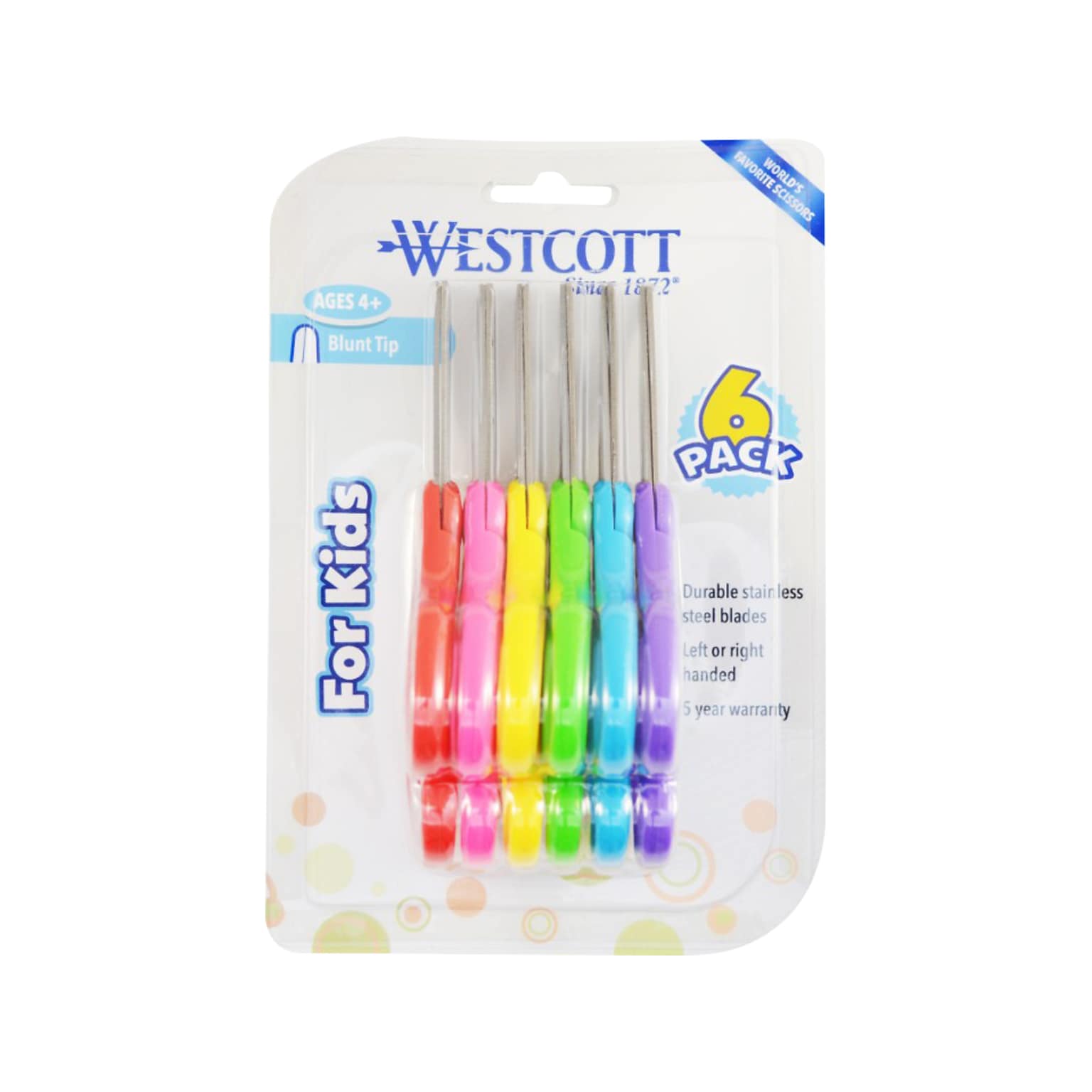 Westcott® School 5 Stainless Steel Kids Scissors, Blunt Tip, Assorted Colors, 6/Pack (16454)