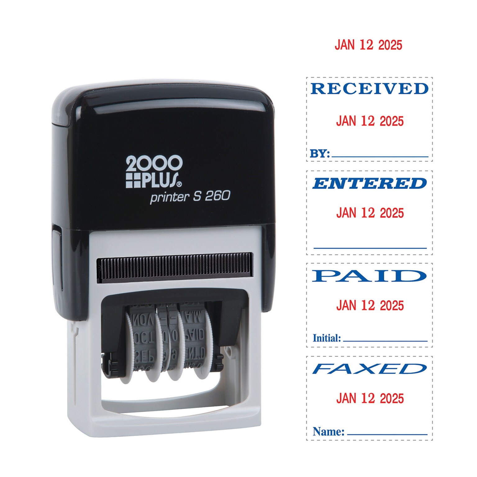 2000 Plus Printer S 260 Faxed, Paid, Received, Entered Rectangle Date Stamps, Blue and Red Ink (065005)